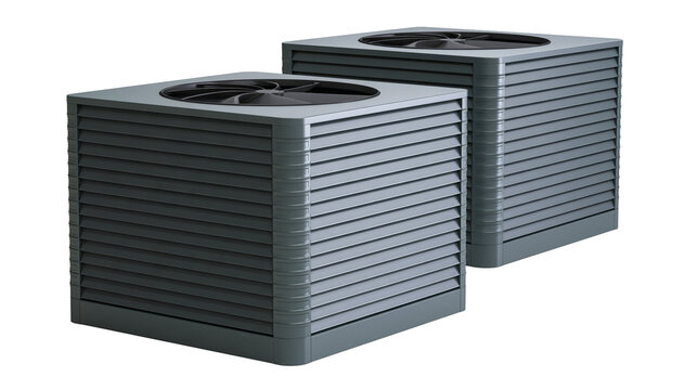 Isolated two modern gray outdoor HVAC air conditioning condenser units, efficient home cooling.