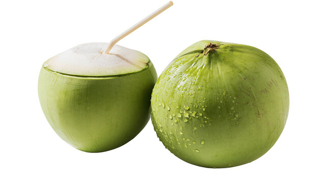 Isolated fresh young green coconuts, one ready for drinking with a straw, another whole.