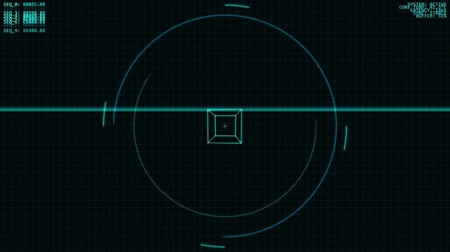 Futuristic digital HUD interface with technical data and rotating 3D wireframe cube element