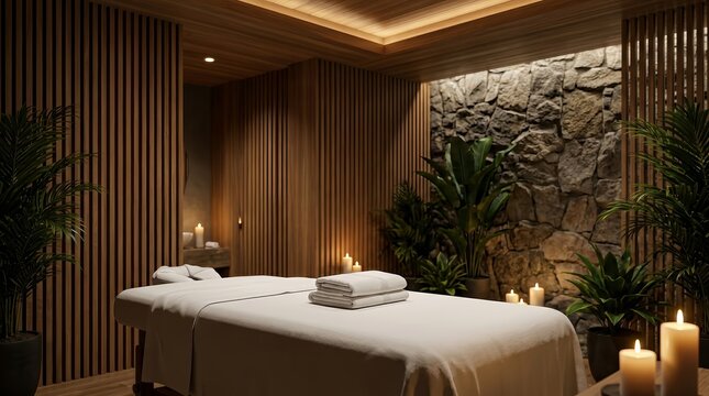 A relaxing massage bed prepared with white towels and glowing candles
