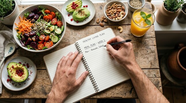 Healthy diet food spread with a man writing meal plans in a notebook.