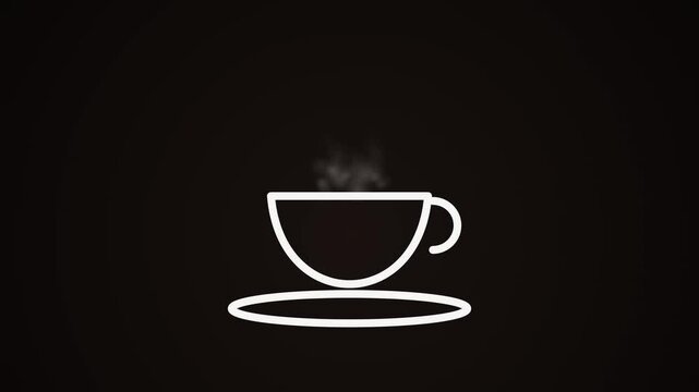 Minimalist White Outline Coffee Cup Animation with Rising Steam on a Dark Elegant Background