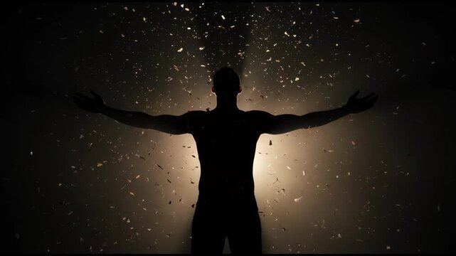 Silhouette of a man standing with open arms surrounded by glowing light and floating particles.