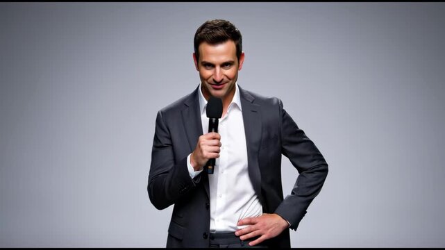 Confident male presenter in a stylish suit holding a microphone against a neutral studio background.