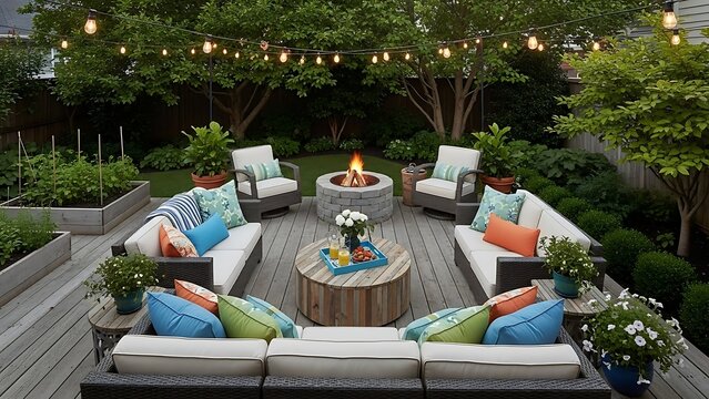 Outdoor patio backyard lounge area with fire pit string lights and comfortable sofas