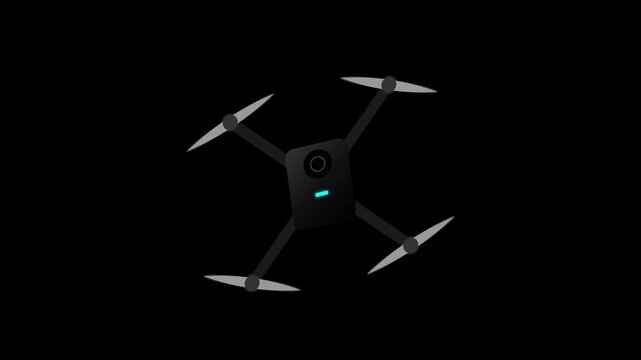 Sleek professional black quadcopter drone with glowing blue light isolated on dark background