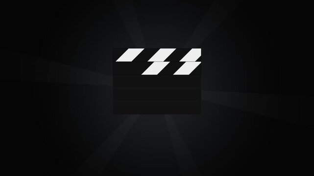 Cinematic minimalist film clapperboard icon against a dark background with dramatic light rays