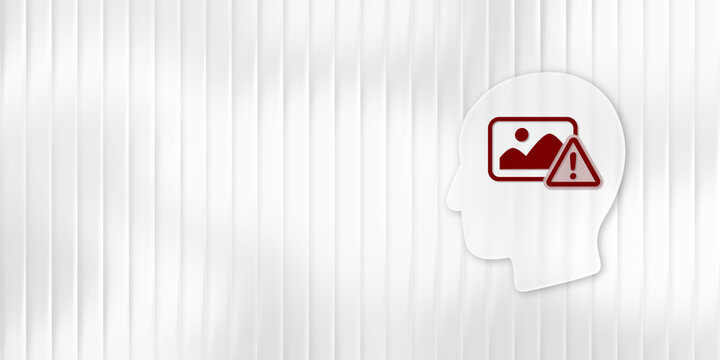 A conceptual illustration of a human head containing a broken image icon with a warning symbol against a white textured background, symbolizing memory loss.