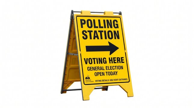 Yellow A frame polling station sign with black text indicating voting here for general election open today isolated on white background