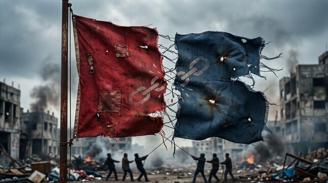 Torn Flags Symbolizing Conflict and Struggle with Broken Chains in War Torn Cityscape