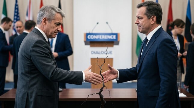 Two businessmen shaking hands across a cracked table symbolizing failed diplomacy and broken agreements at a conference