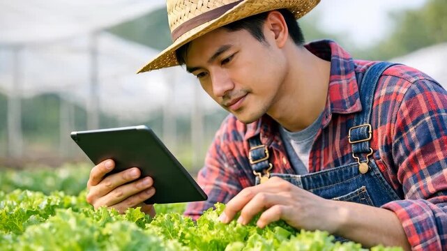 Asian Farmer Using a Tablet for Crop Monitoring in a Lettuce Field