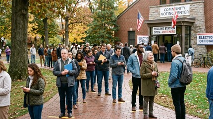 Fototapeta premium Diverse group of people patiently waiting in line to vote at a community polling station during autumn