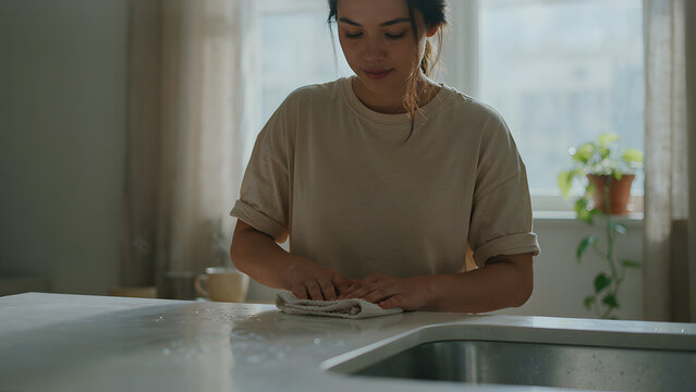  woman use small towel cleaning kitchen, a woman wearing grey rubber gloves cleaning a white quartz kitchen countertop with a white cloth, created with generative ai