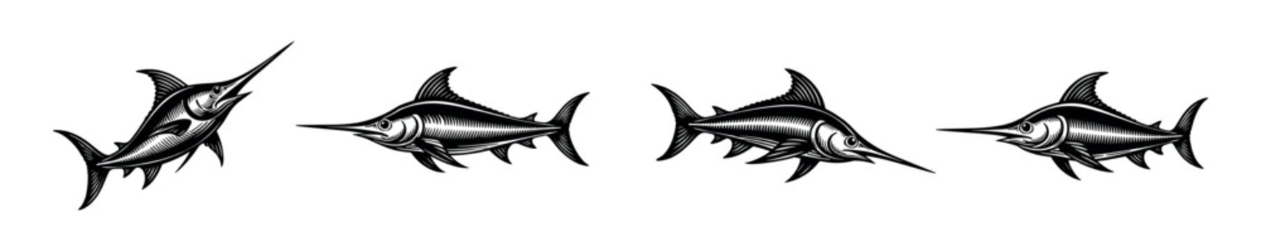 Swordfish illustration set silhouette black and white vector marine theme