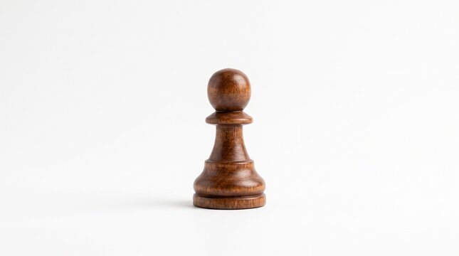 Single wooden chess pawn isolated on a clean white background representing strategy and the start of a game