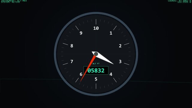 Aircraft altimeter dashboard showing altitude in feet with digital display and needles on dark background