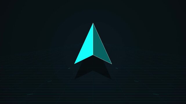 Abstract neon blue arrowhead symbol on minimalist dark wireframe perspective for digital interface