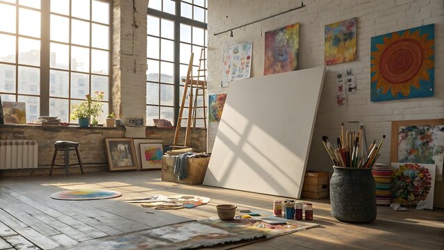Art studio interior with empty canvas and painting supplies
