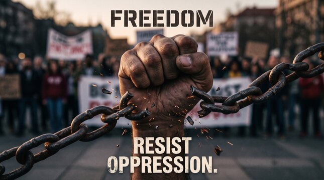 Fist breaking chains symbolizing freedom and resistance against oppression during a protest