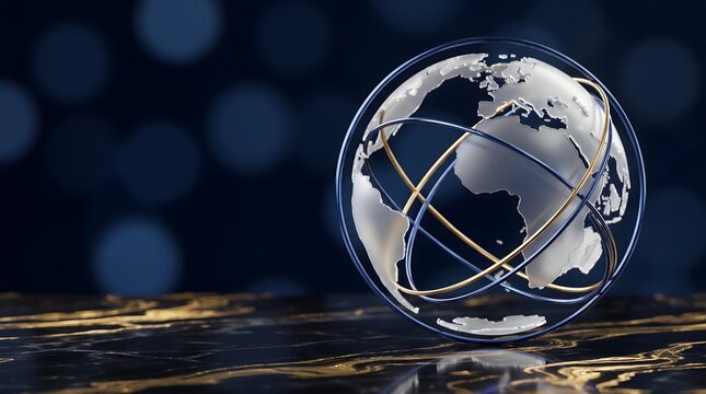 Premium 3D Abstract Glass Globe with Golden Orbital Rings on Dark Marble