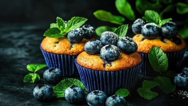 Delicious blueberry muffins with fresh mint on dark background