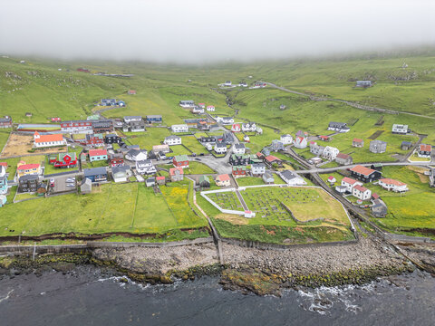 Aerial view of the village of Sumba in the Faroe islands