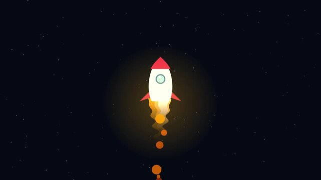 Minimalist flat design rocket ship launching into dark outer space with glowing stars