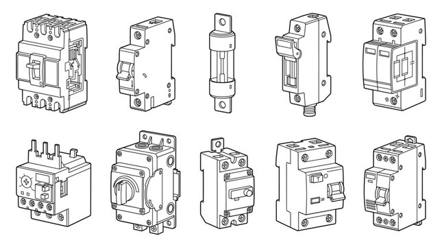 Circuit protection devices with breakers fuses relays switches set line drawing vector designs