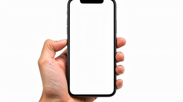 Hand holding a smartphone with a blank white screen