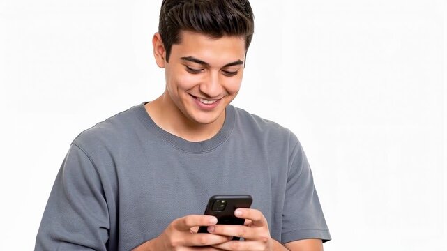 Smiling young man looking at his smartphone
