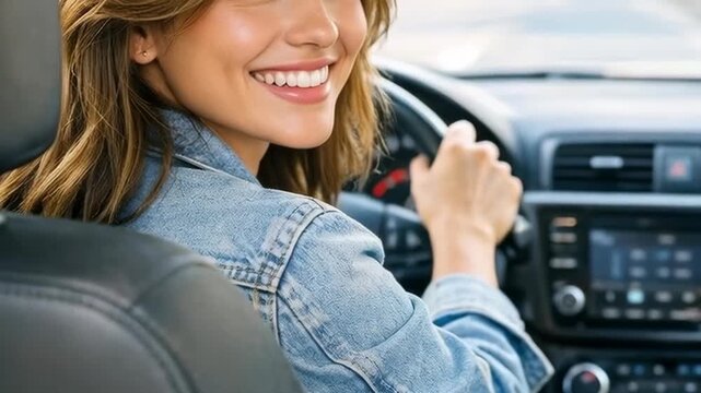 Smiling Woman in Denim Jacket Driving a Car