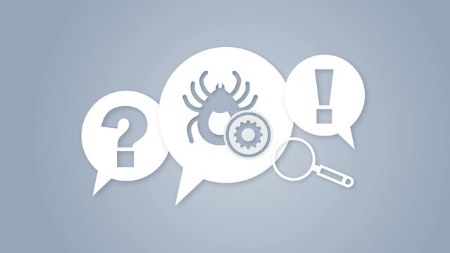 Digital illustration showing a computer bug, virus, or malware security concept with speech bubbles, question mark, exclamation mark, and magnifying glass.