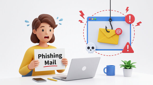 3D render of a woman experiencing a phishing mail cyber security threat attack concept