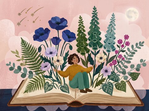 Dreamy Girl Sitting on a Giant Book with Magical Flowers Rising into a Starry Sky