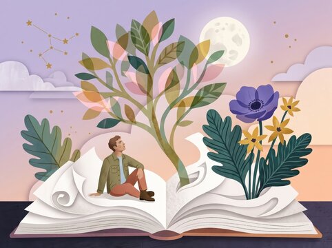 Dreamy Man Sitting on a Giant Book with Magical Flowers Rising into a Starry Sky