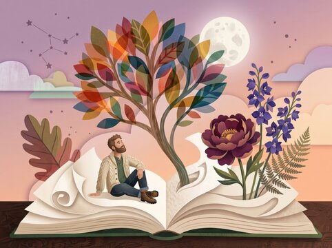 Dreamy Man Sitting on a Giant Book with Magical Flowers Rising into a Starry Sky