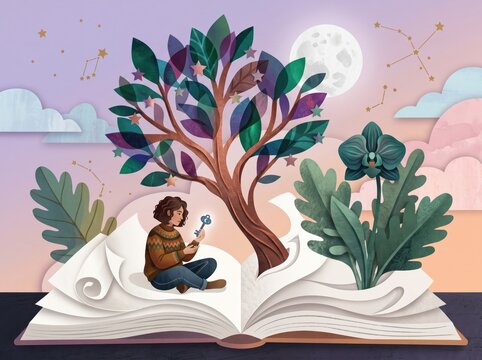 Dreamy Girl Sitting on a Giant Book with Magical Flowers Rising into a Starry Sky