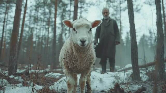 Sheep in a snowy forest with man in background. Jesus Lost Sheep, Good Shepherd Parable, Biblical Story, Lost and Found Sheep - Christian Religious Narrative