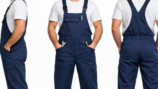 Man in Navy Blue Work Overalls Shown from Front, Side, and Back Views