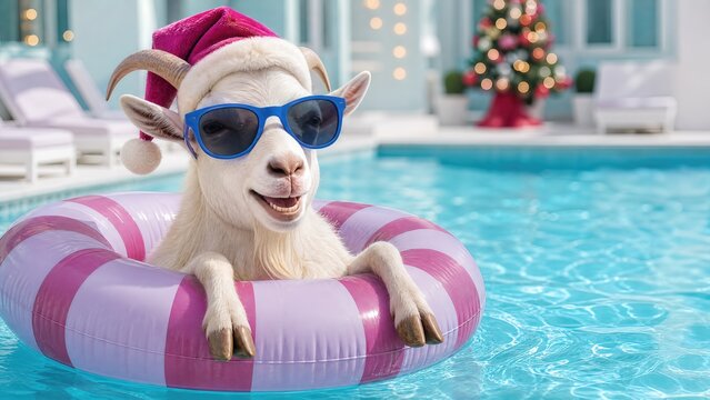 Goat wearing sunglasses and Santa hat floats in a pink and white striped pool float in a swimming pool with a