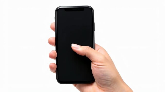 Hand Touching Smartphone Screen on White Background