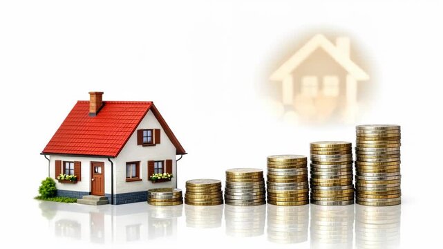 Real Estate Investment Growth with Model House and Stacked Coins