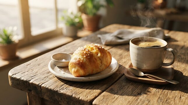 Steaming coffee and croissant on rustic wooden table by sunlit window.