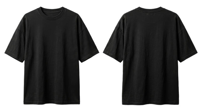 Front and back view of a plain black oversized t-shirt isolated on a clean white background