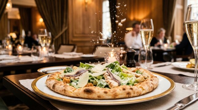 Caesar pizza romaine chicken parmesan anchovies fine dining restaurant, champagne glasses candlelight gold rim plate, finedining, gourmet, upscale, salad, greens. Elegant fusion cuisine theme