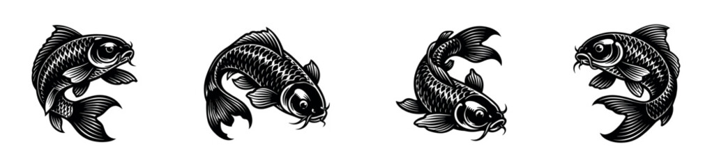 Fototapeta premium Set of black and white koi fish illustrations in vector style