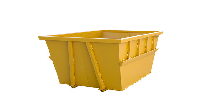 Isolated yellow metal skip container for industrial waste and garbage collection