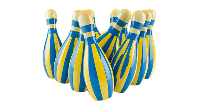 Isolated arrangement of ten bowling pins, featuring eye-catching blue and yellow stripe patterns.