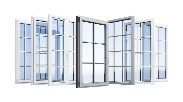 Isolated set of new white PVC window frames with multiple glass panes, some open, some closed